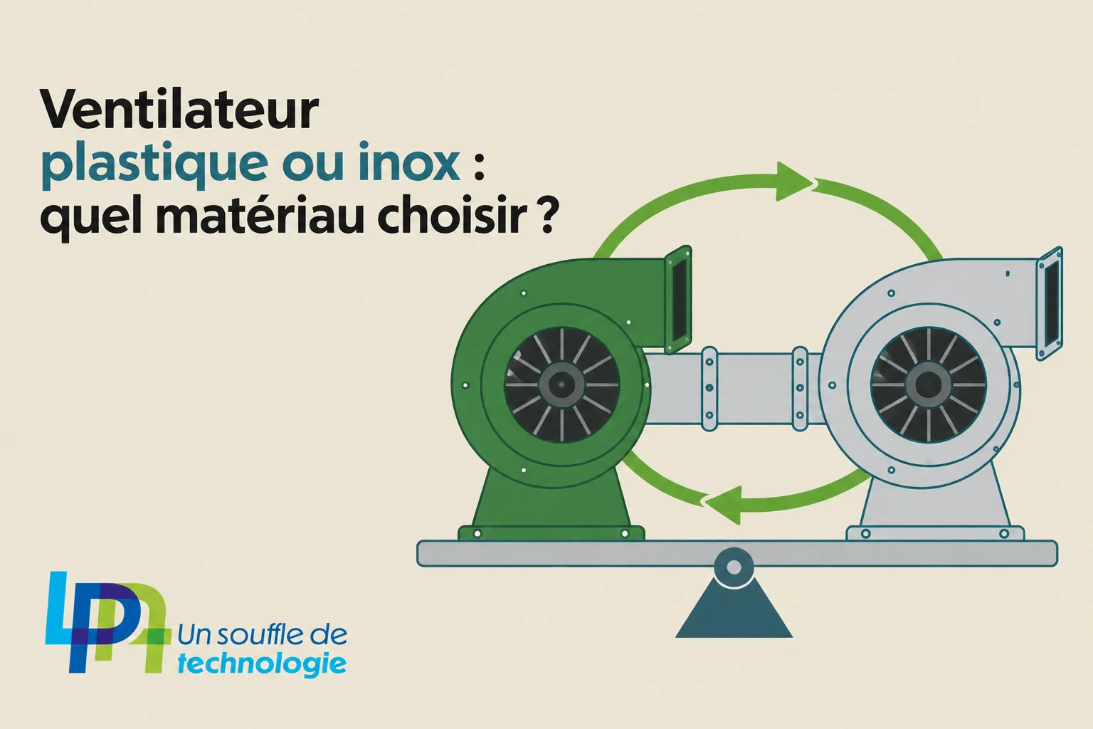 Deux ventilateurs industriels en parallèle sur une plateforme, l’un vert et l’autre gris, symbolisant le choix entre