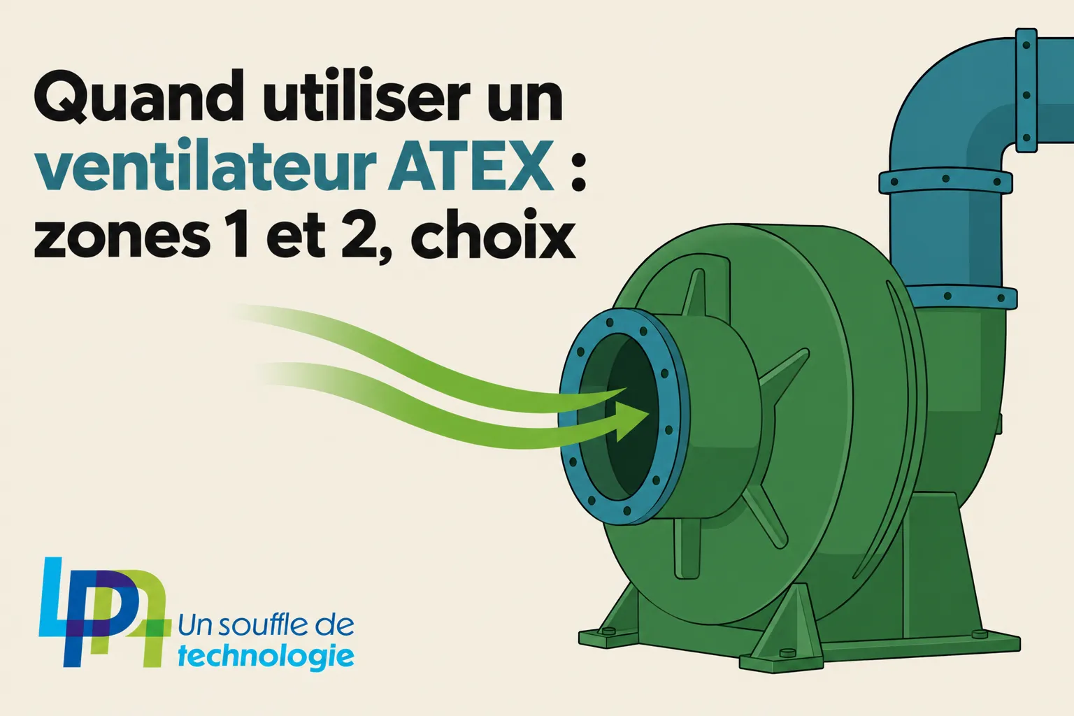 Un ventilateur industriel vert est représenté de profil, avec un conduit bleu d’échappement et une entrée circulaire Un ventilateur industriel vert est représenté de profil, avec un conduit bleu d’échappement et une entrée circulaire